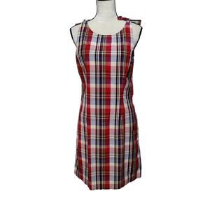 Vintage 90s Expression Sz 8 Red Plaid Shift Jumper Dress Sleeveless Tie Shoulder